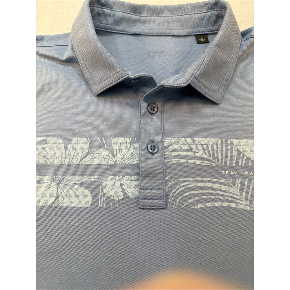 Travis Mathew Blue Golf Polo Shirt Mens Large  Flowers And Palms On‎ Stripe - Picture 7 of 9
